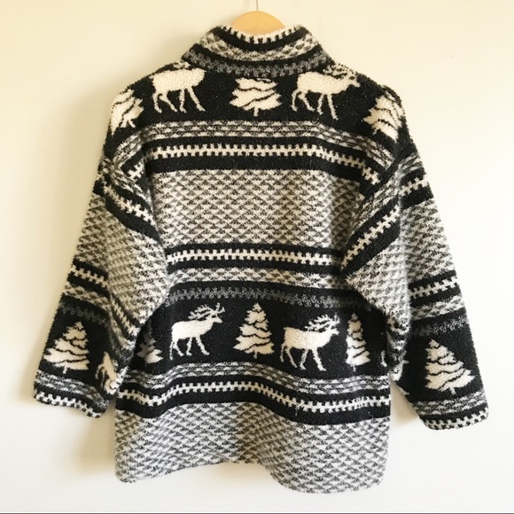 Vintage 90s Nordic Fair Isle Pullover Fleece Zip Jacket Deep Pile Tree Deer - Picture 2 of 9